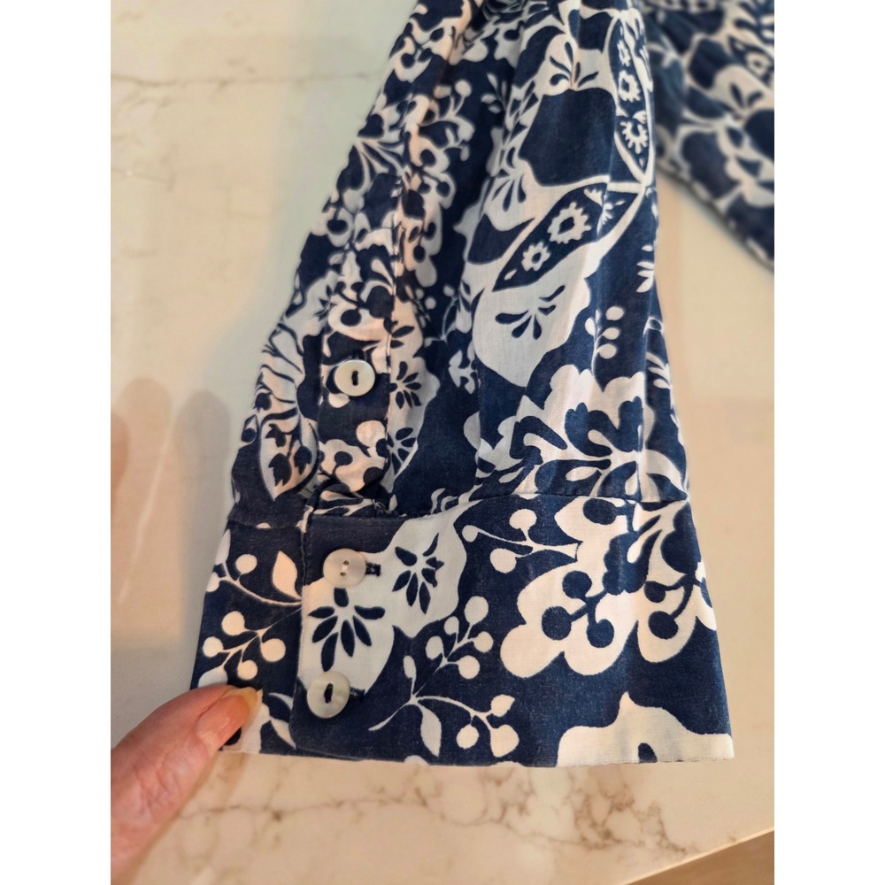 Gretchen Scott Button Down Shirt XL Blue White Floral Cotton Contrast Cuffs - Picture 6 of 11